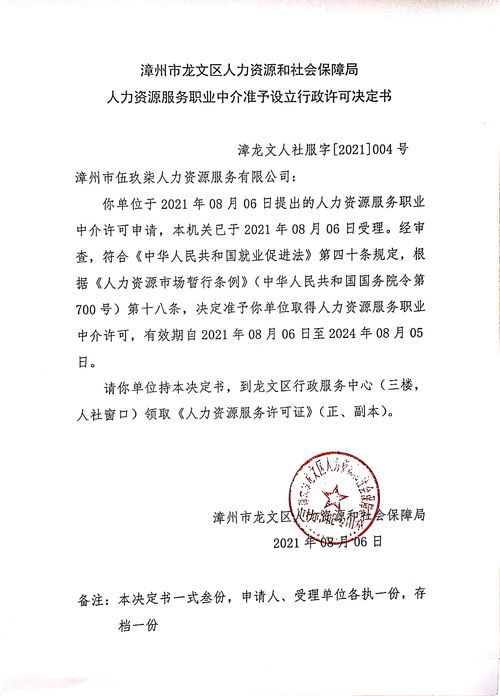 漳州市龙文区人力资源和社会保障局人力资源服务职业中介准予设立行政许可决定书